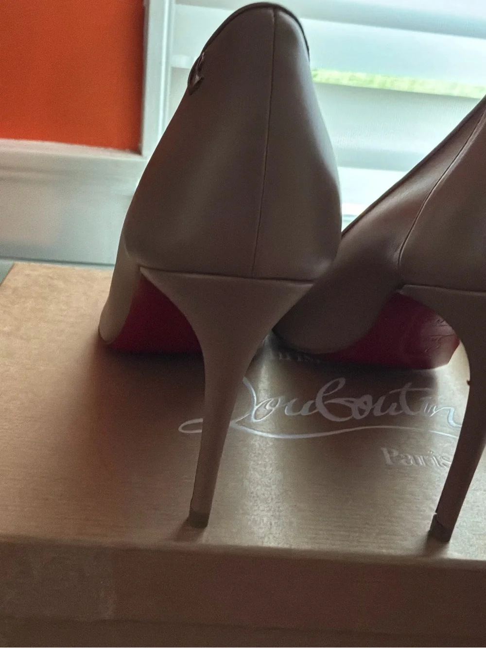 Christian Louboutin Taupe Pointed-Toe Pumps with Signature Red Heel